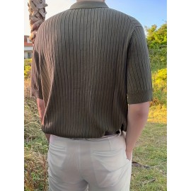 Men's Stripe Pattern Medium Stretch Short Sleeve Lapel Sweater, Men's Casual Solid Color V-Neck Top For Daily Wear & Business Clothing