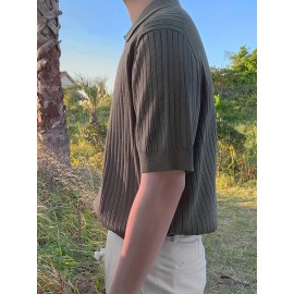 Men's Stripe Pattern Medium Stretch Short Sleeve Lapel Sweater, Men's Casual Solid Color V-Neck Top For Daily Wear & Business Clothing