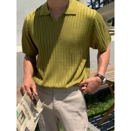 Men's Stripe Pattern Medium Stretch Short Sleeve Lapel Sweater, Men's Casual Solid Color V-Neck Top For Daily Wear & Business Clothing