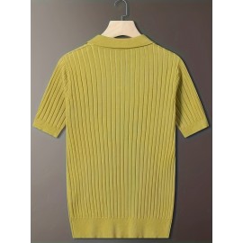 Men's Stripe Pattern Medium Stretch Short Sleeve Lapel Sweater, Men's Casual Solid Color V-Neck Top For Daily Wear & Business Clothing