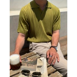 Men's Stripe Pattern Medium Stretch Short Sleeve Lapel Sweater, Men's Casual Solid Color V-Neck Top For Daily Wear & Business Clothing