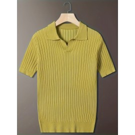 Men's Stripe Pattern Medium Stretch Short Sleeve Lapel Sweater, Men's Casual Solid Color V-Neck Top For Daily Wear & Business Clothing