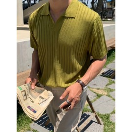 Men's Stripe Pattern Medium Stretch Short Sleeve Lapel Sweater, Men's Casual Solid Color V-Neck Top For Daily Wear & Business Clothing
