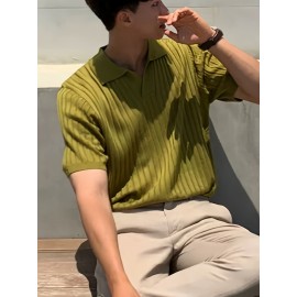 Men's Stripe Pattern Medium Stretch Short Sleeve Lapel Sweater, Men's Casual Solid Color V-Neck Top For Daily Wear & Business Clothing