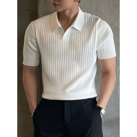 Men's Stripe Pattern Medium Stretch Short Sleeve Lapel Sweater, Men's Casual Solid Color V-Neck Top For Daily Wear & Business Clothing