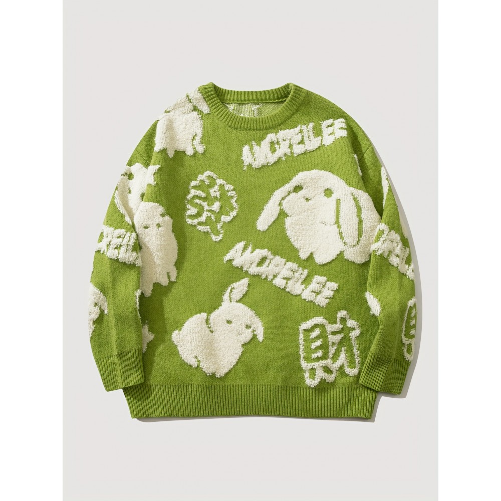 Cute Rabbit Chenille Embroidery Sweater - Soft and Cozy Knitted Fabric, Classic Crew Neck Pullover Design, Warm and Toasty for Cold Weather, Perfect for Casual Daily Wear - Ideal for Fall and Winter Seasons, Great Gift for Men