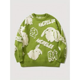 Cute Rabbit Chenille Embroidery Sweater - Soft and Cozy Knitted Fabric, Classic Crew Neck Pullover Design, Warm and Toasty for Cold Weather, Perfect for Casual Daily Wear - Ideal for Fall and Winter Seasons, Great Gift for Men