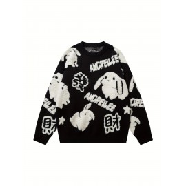 Cute Rabbit Chenille Embroidery Sweater - Soft and Cozy Knitted Fabric, Classic Crew Neck Pullover Design, Warm and Toasty for Cold Weather, Perfect for Casual Daily Wear - Ideal for Fall and Winter Seasons, Great Gift for Men