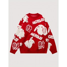Cute Rabbit Chenille Embroidery Sweater - Soft and Cozy Knitted Fabric, Classic Crew Neck Pullover Design, Warm and Toasty for Cold Weather, Perfect for Casual Daily Wear - Ideal for Fall and Winter Seasons, Great Gift for Men