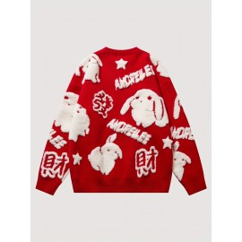 Cute Rabbit Chenille Embroidery Sweater - Soft and Cozy Knitted Fabric, Classic Crew Neck Pullover Design, Warm and Toasty for Cold Weather, Perfect for Casual Daily Wear - Ideal for Fall and Winter Seasons, Great Gift for Men