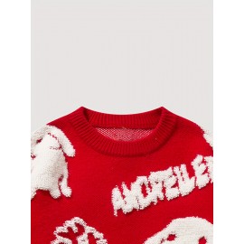 Cute Rabbit Chenille Embroidery Sweater - Soft and Cozy Knitted Fabric, Classic Crew Neck Pullover Design, Warm and Toasty for Cold Weather, Perfect for Casual Daily Wear - Ideal for Fall and Winter Seasons, Great Gift for Men