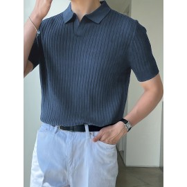 Stretchy V-Neck Pullover Shirt - Soft Ribbed Knit, Short Sleeve, Lapel Collar, Breathable, Moisture-Wicking, Golf and Daily Wear Essential - High-Quality Casual Top for Men