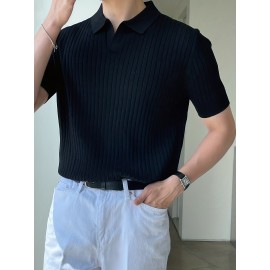 Stretchy V-Neck Pullover Shirt - Soft Ribbed Knit, Short Sleeve, Lapel Collar, Breathable, Moisture-Wicking, Golf and Daily Wear Essential - High-Quality Casual Top for Men