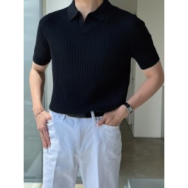 Stretchy V-Neck Pullover Shirt - Soft Ribbed Knit, Short Sleeve, Lapel Collar, Breathable, Moisture-Wicking, Golf and Daily Wear Essential - High-Quality Casual Top for Men