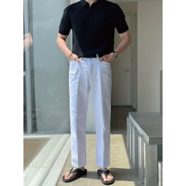 Stretchy V-Neck Pullover Shirt - Soft Ribbed Knit, Short Sleeve, Lapel Collar, Breathable, Moisture-Wicking, Golf and Daily Wear Essential - High-Quality Casual Top for Men