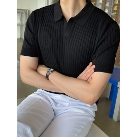Stretchy V-Neck Pullover Shirt - Soft Ribbed Knit, Short Sleeve, Lapel Collar, Breathable, Moisture-Wicking, Golf and Daily Wear Essential - High-Quality Casual Top for Men