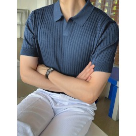 Stretchy V-Neck Pullover Shirt - Soft Ribbed Knit, Short Sleeve, Lapel Collar, Breathable, Moisture-Wicking, Golf and Daily Wear Essential - High-Quality Casual Top for Men