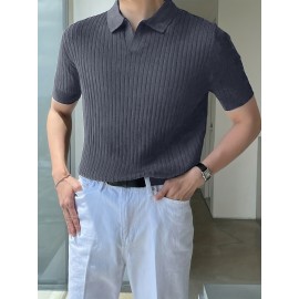 Stretchy V-Neck Pullover Shirt - Soft Ribbed Knit, Short Sleeve, Lapel Collar, Breathable, Moisture-Wicking, Golf and Daily Wear Essential - High-Quality Casual Top for Men