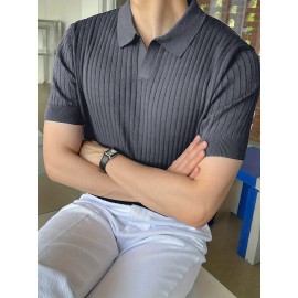 Stretchy V-Neck Pullover Shirt - Soft Ribbed Knit, Short Sleeve, Lapel Collar, Breathable, Moisture-Wicking, Golf and Daily Wear Essential - High-Quality Casual Top for Men