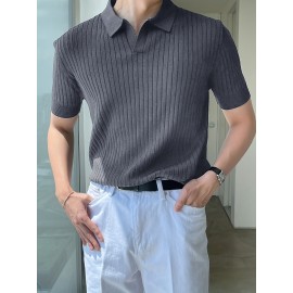 Stretchy V-Neck Pullover Shirt - Soft Ribbed Knit, Short Sleeve, Lapel Collar, Breathable, Moisture-Wicking, Golf and Daily Wear Essential - High-Quality Casual Top for Men