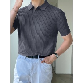 Stretchy V-Neck Pullover Shirt - Soft Ribbed Knit, Short Sleeve, Lapel Collar, Breathable, Moisture-Wicking, Golf and Daily Wear Essential - High-Quality Casual Top for Men