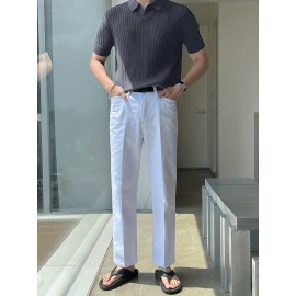 Stretchy V-Neck Pullover Shirt - Soft Ribbed Knit, Short Sleeve, Lapel Collar, Breathable, Moisture-Wicking, Golf and Daily Wear Essential - High-Quality Casual Top for Men