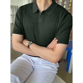 Stretchy V-Neck Pullover Shirt - Soft Ribbed Knit, Short Sleeve, Lapel Collar, Breathable, Moisture-Wicking, Golf and Daily Wear Essential - High-Quality Casual Top for Men