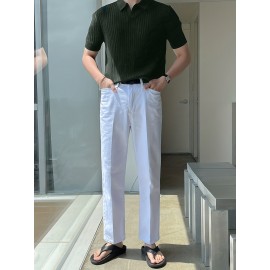 Stretchy V-Neck Pullover Shirt - Soft Ribbed Knit, Short Sleeve, Lapel Collar, Breathable, Moisture-Wicking, Golf and Daily Wear Essential - High-Quality Casual Top for Men
