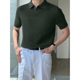 Stretchy V-Neck Pullover Shirt - Soft Ribbed Knit, Short Sleeve, Lapel Collar, Breathable, Moisture-Wicking, Golf and Daily Wear Essential - High-Quality Casual Top for Men