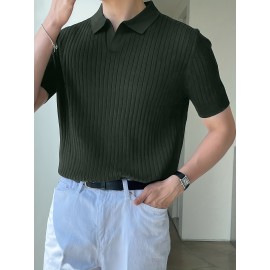 Stretchy V-Neck Pullover Shirt - Soft Ribbed Knit, Short Sleeve, Lapel Collar, Breathable, Moisture-Wicking, Golf and Daily Wear Essential - High-Quality Casual Top for Men