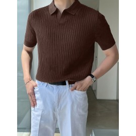 Stretchy V-Neck Pullover Shirt - Soft Ribbed Knit, Short Sleeve, Lapel Collar, Breathable, Moisture-Wicking, Golf and Daily Wear Essential - High-Quality Casual Top for Men