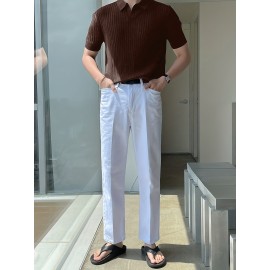 Stretchy V-Neck Pullover Shirt - Soft Ribbed Knit, Short Sleeve, Lapel Collar, Breathable, Moisture-Wicking, Golf and Daily Wear Essential - High-Quality Casual Top for Men