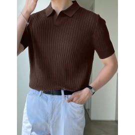 Stretchy V-Neck Pullover Shirt - Soft Ribbed Knit, Short Sleeve, Lapel Collar, Breathable, Moisture-Wicking, Golf and Daily Wear Essential - High-Quality Casual Top for Men