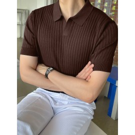 Stretchy V-Neck Pullover Shirt - Soft Ribbed Knit, Short Sleeve, Lapel Collar, Breathable, Moisture-Wicking, Golf and Daily Wear Essential - High-Quality Casual Top for Men