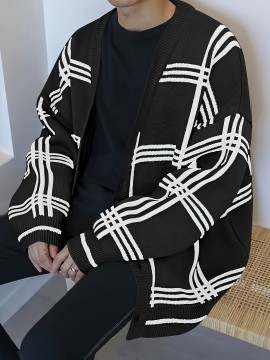Mens Stylish Stripe Knit Cardigan - Comfortable Long Sleeve V Neck Top for Versatile Outdoor Wear - All-Season Fashionable Style