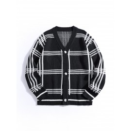Mens Stylish Stripe Knit Cardigan - Comfortable Long Sleeve V Neck Top for Versatile Outdoor Wear - All-Season Fashionable Style
