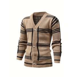 Mens Stylish Stripe Knit Cardigan - Comfortable Long Sleeve V Neck Top for Versatile Outdoor Wear - All-Season Fashionable Style