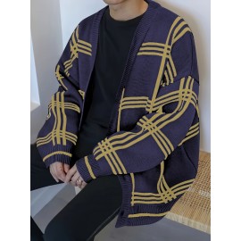 Mens Stylish Stripe Knit Cardigan - Comfortable Long Sleeve V Neck Top for Versatile Outdoor Wear - All-Season Fashionable Style