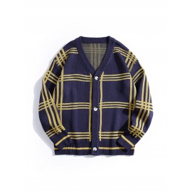 Mens Stylish Stripe Knit Cardigan - Comfortable Long Sleeve V Neck Top for Versatile Outdoor Wear - All-Season Fashionable Style