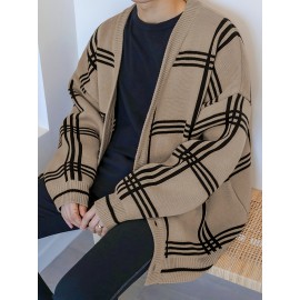 Mens Stylish Stripe Knit Cardigan - Comfortable Long Sleeve V Neck Top for Versatile Outdoor Wear - All-Season Fashionable Style