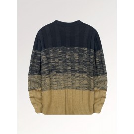 All Match Knitted Cable Sweater, Men's Casual Color Block Design Warm Slightly Stretch Crew Neck Pullover Sweater For Fall Winter