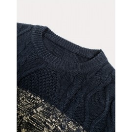 All Match Knitted Cable Sweater, Men's Casual Color Block Design Warm Slightly Stretch Crew Neck Pullover Sweater For Fall Winter