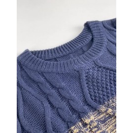 All Match Knitted Cable Sweater, Men's Casual Color Block Design Warm Slightly Stretch Crew Neck Pullover Sweater For Fall Winter