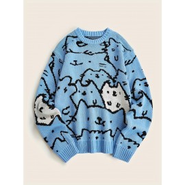 Mens Cozy Cats Pattern Knitted Pullover Sweater - Stylish, Warm & Flexible, Perfect for Fall Winter - Comfortable Crew Neck, Adorable Cat Design
