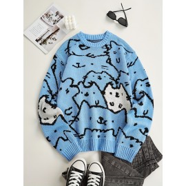 Mens Cozy Cats Pattern Knitted Pullover Sweater - Stylish, Warm & Flexible, Perfect for Fall Winter - Comfortable Crew Neck, Adorable Cat Design