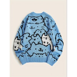 Mens Cozy Cats Pattern Knitted Pullover Sweater - Stylish, Warm & Flexible, Perfect for Fall Winter - Comfortable Crew Neck, Adorable Cat Design