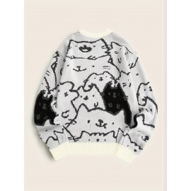 Mens Cozy Cats Pattern Knitted Pullover Sweater - Stylish, Warm & Flexible, Perfect for Fall Winter - Comfortable Crew Neck, Adorable Cat Design