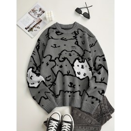 Mens Cozy Cats Pattern Knitted Pullover Sweater - Stylish, Warm & Flexible, Perfect for Fall Winter - Comfortable Crew Neck, Adorable Cat Design