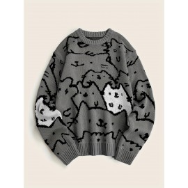 Mens Cozy Cats Pattern Knitted Pullover Sweater - Stylish, Warm & Flexible, Perfect for Fall Winter - Comfortable Crew Neck, Adorable Cat Design