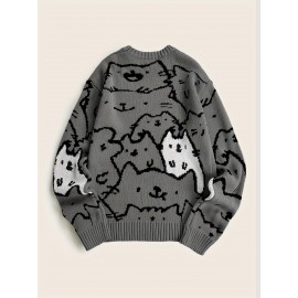 Mens Cozy Cats Pattern Knitted Pullover Sweater - Stylish, Warm & Flexible, Perfect for Fall Winter - Comfortable Crew Neck, Adorable Cat Design